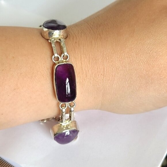 Vintage Boho Purple Amethyst Gemstone Chunky Sterling Silver Chain Bracelet - Picture 6 of 9